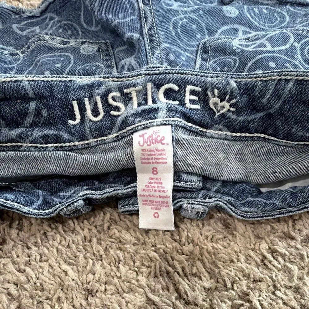 Justice Girls Blue Denim Cut-Off Shorts Size 8 Peace Signs Print Pockets 030